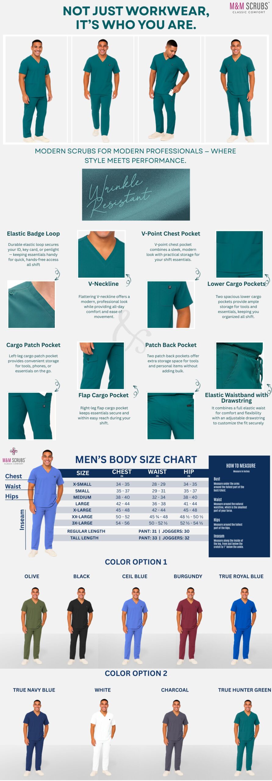 M&M SCRUBS Men's Scrub Set - Stretch V-Neck Multi-Pocket Mens Medical Uniform Scrubs Top & Cargo Pants (STYLE 3400) description banner