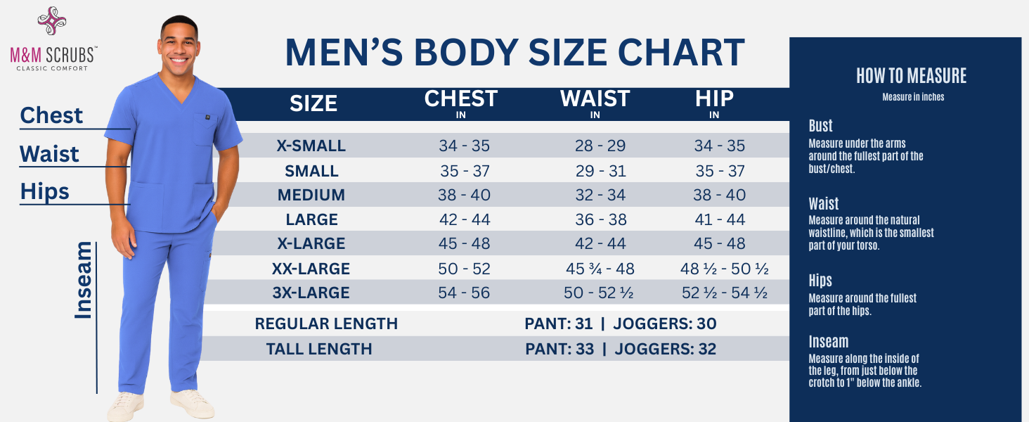 M&M SCRUBS Men's Scrub Set - Stretch V-Neck Multi-Pocket Mens Medical Uniform Scrubs Top & Cargo Pants (STYLE 3400) size chart