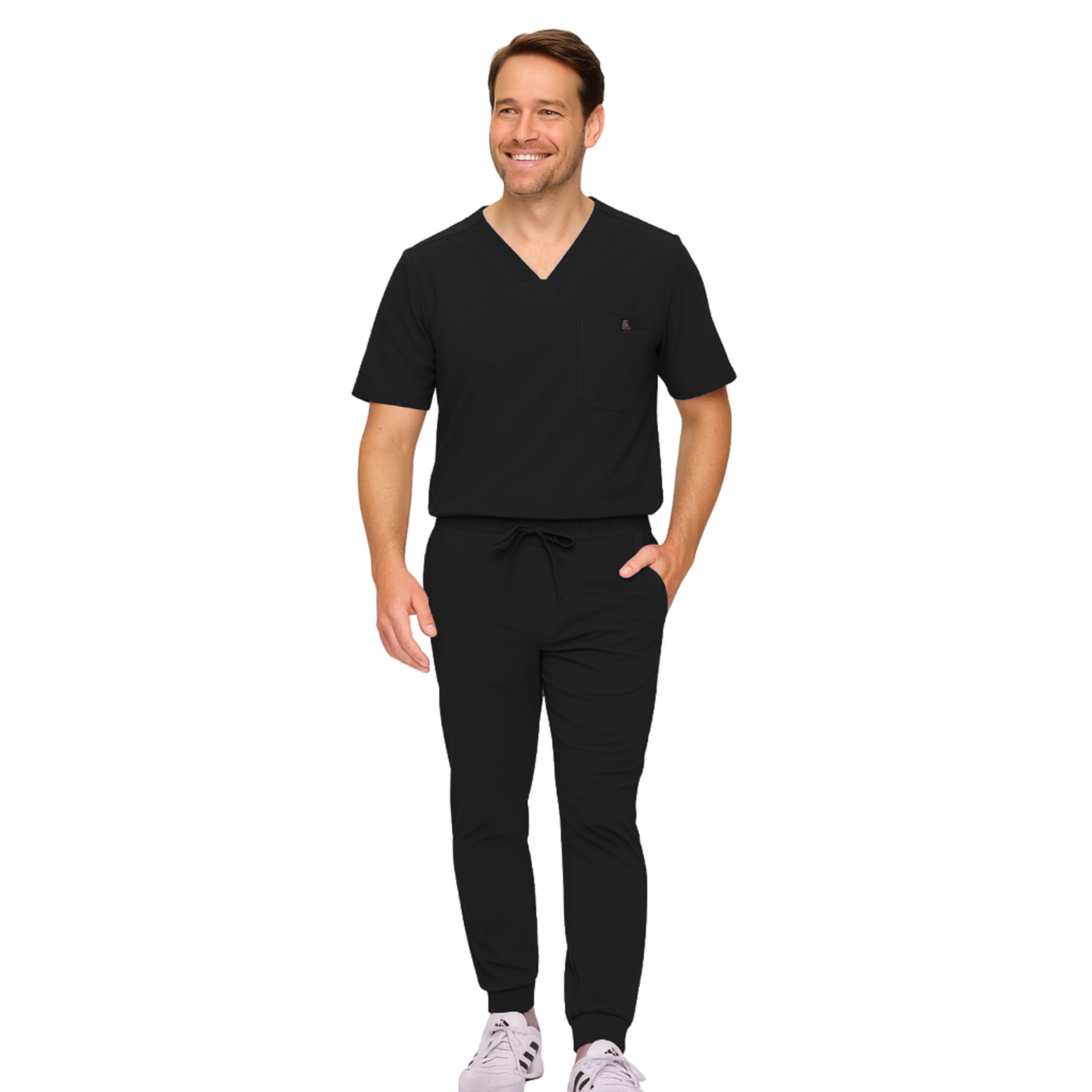 M&M SCRUBS Men's Jogger Scrub Set - Luxe Stretch Medical Uniform, V-Neck Scrubs Top & Jogger Pants (STYLE 3500) Black M&M SCRUBS Men's Jogger Scrub Set - Luxe Stretch Medical Uniform, V-Neck Scrubs Top & Jogger Pants (STYLE 3500) - Image 1