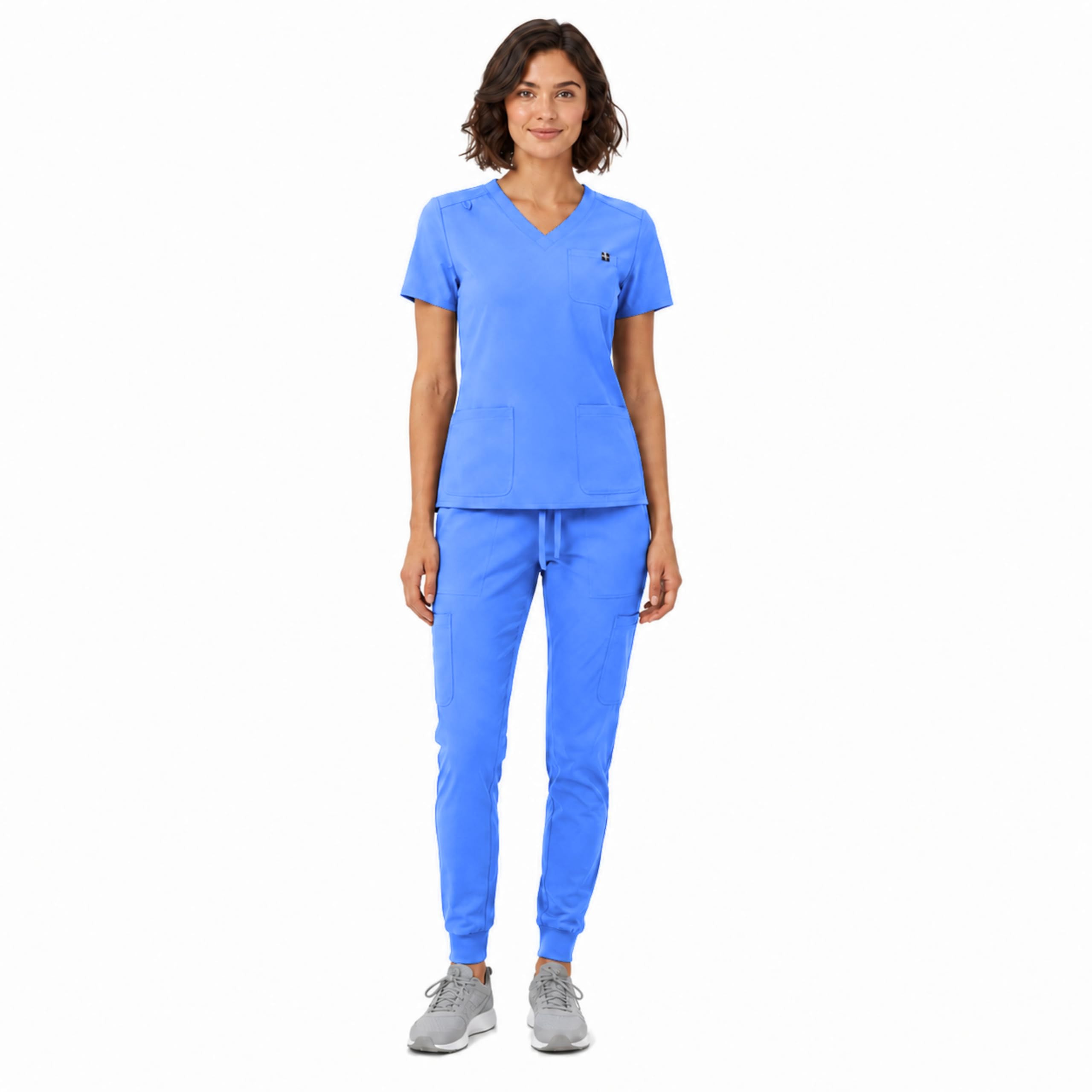 4889SET-Ceil-blue.jpg M&M SCRUBS Jogger Scrub Set, Stretch Fabric with V-Neck Top & Cargo Jogger Pants, 10 Pockets ( STYLE 4889 ) - Image 1