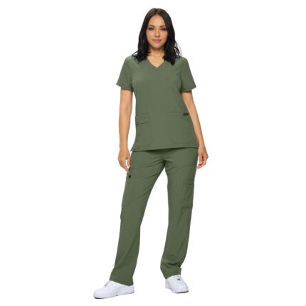 Monarch Uniforms women's Women's Stretch V-Neck Cargo Scrub Set style 4401 in Olive Green
