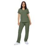 Monarch Uniforms women's Women's Stretch V-Neck Cargo Scrub Set style 4401 in Olive Green