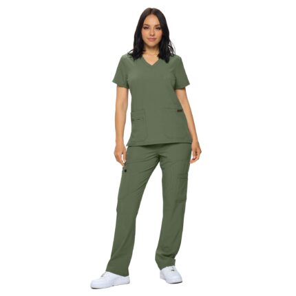 Monarch Uniforms women's Women's Stretch V-Neck Cargo Scrub Set style 4401 in Olive Green