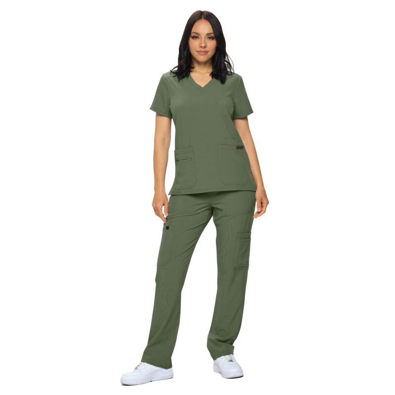 Monarch Uniforms women's Women's Stretch V-Neck Cargo Scrub Set style 4401 in Olive Green