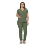 Monarch Uniforms women's Women's Stretch V-Neck Cargo Scrub Set style 4401 in Olive Green
