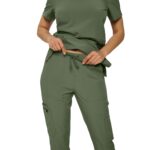 Monarch Uniforms women's Women's Stretch V-Neck Cargo Scrub Set style 4401 in Olive Green